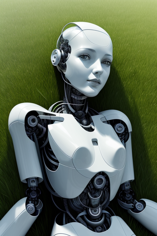 a portrait of robot woman in laying down on grass
